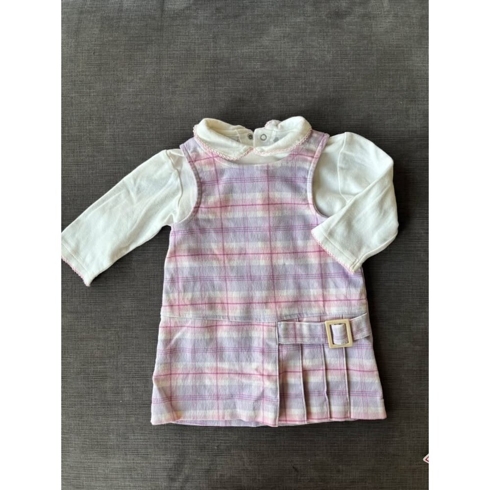 VTG Miniwear Baby Girl Plaid Jumper Dress Set 18M Pastel Purple Pink Pleated 90s